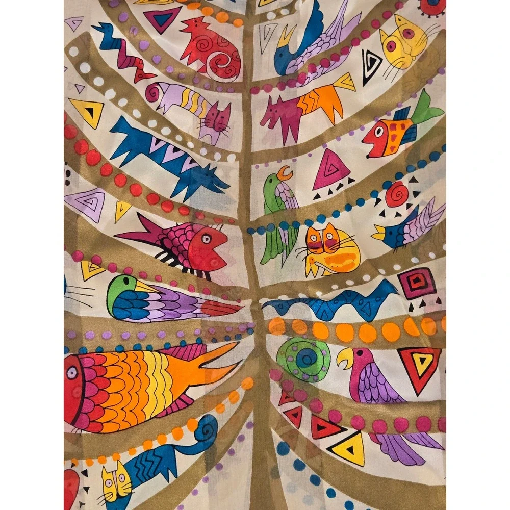 Laurel Burch Silk Scarf Tree of Life Whimsical Cats Birds Fish Rectangular Wrap